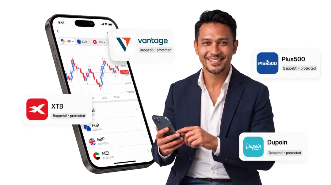 Trader memegang ponsel di samping aplikasi trading dan logo broker forex.