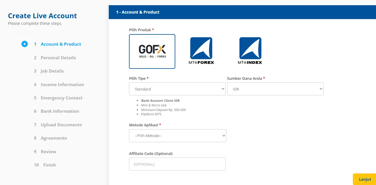 Langkah Akun & Produk: GOFX, MT4 Forex, MT4 Index