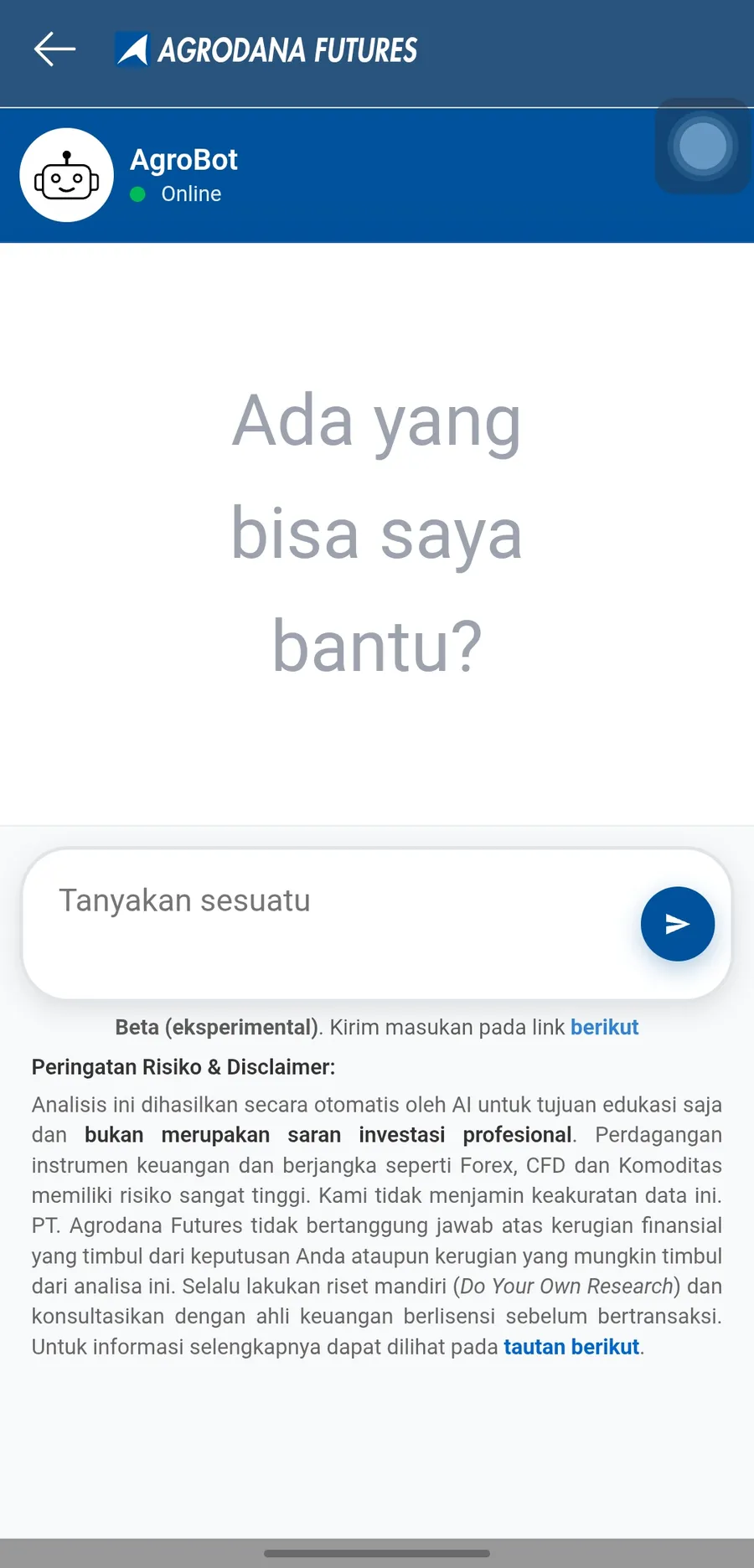 AgroBot, asisten AI di aplikasi Agrodana, dengan peringatan risiko