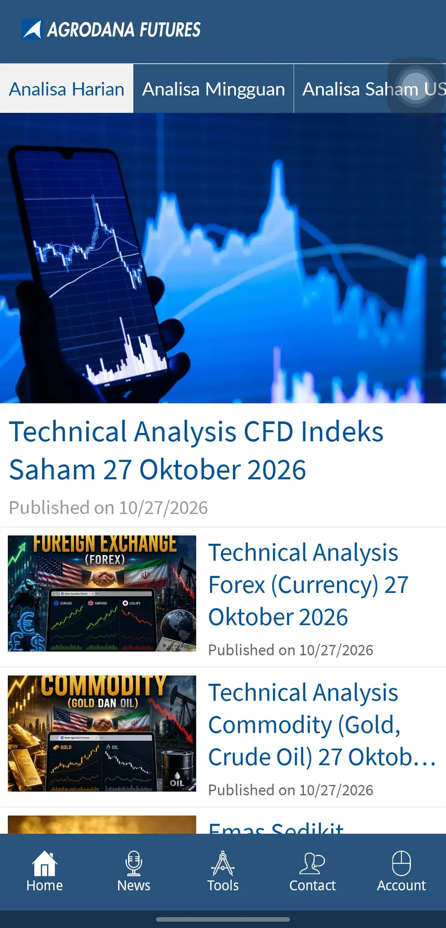 Analisa harian di aplikasi Agrodana Futures News