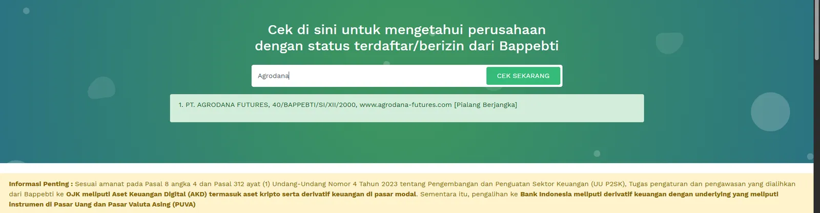 Hasil Cek Legalitas Bappebti untuk Agrodana