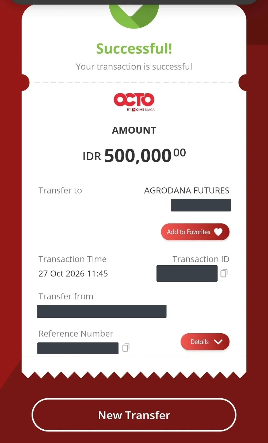 Bukti transfer Rp500.000 ke Agrodana Futures dari aplikasi bank
