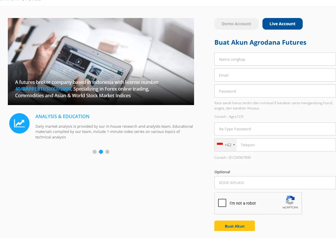 Formulir pendaftaran akun Agrodana Futures
