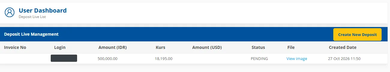 Daftar deposit dengan status pending di area klien