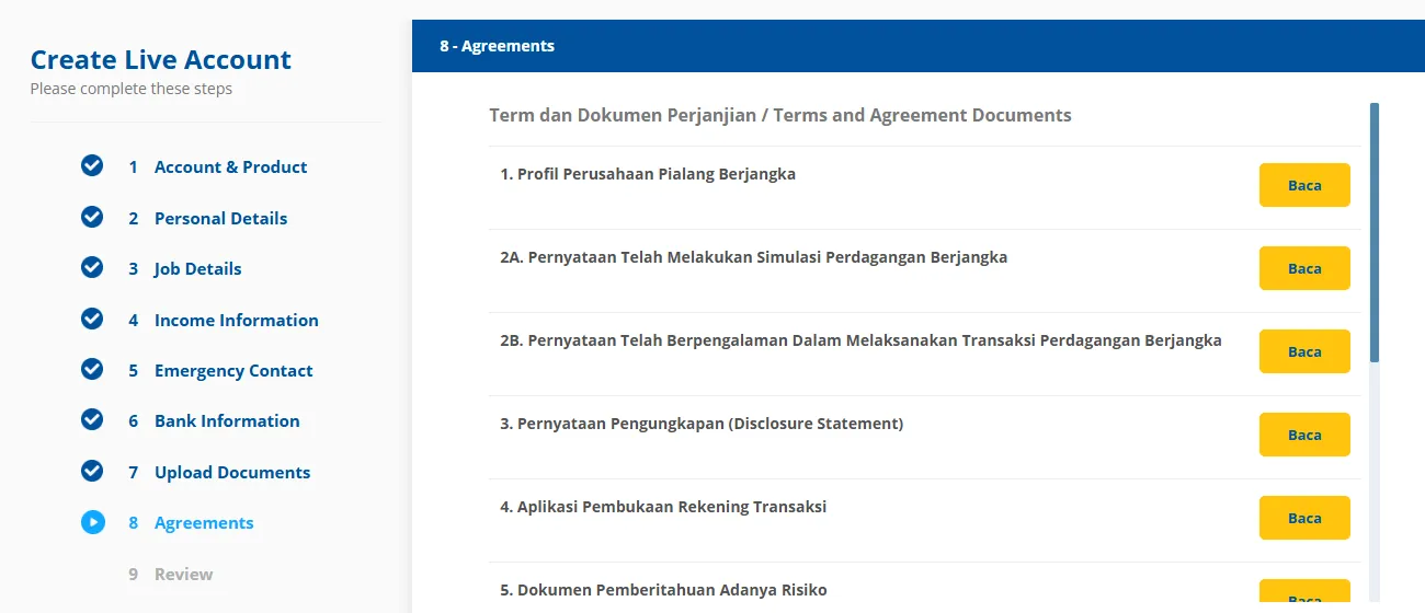 Daftar dokumen perjanjian di langkah Agreements