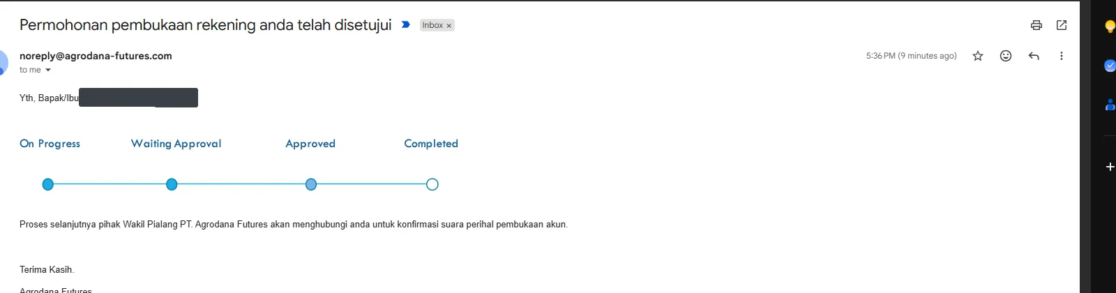 Email persetujuan pembukaan rekening Agrodana