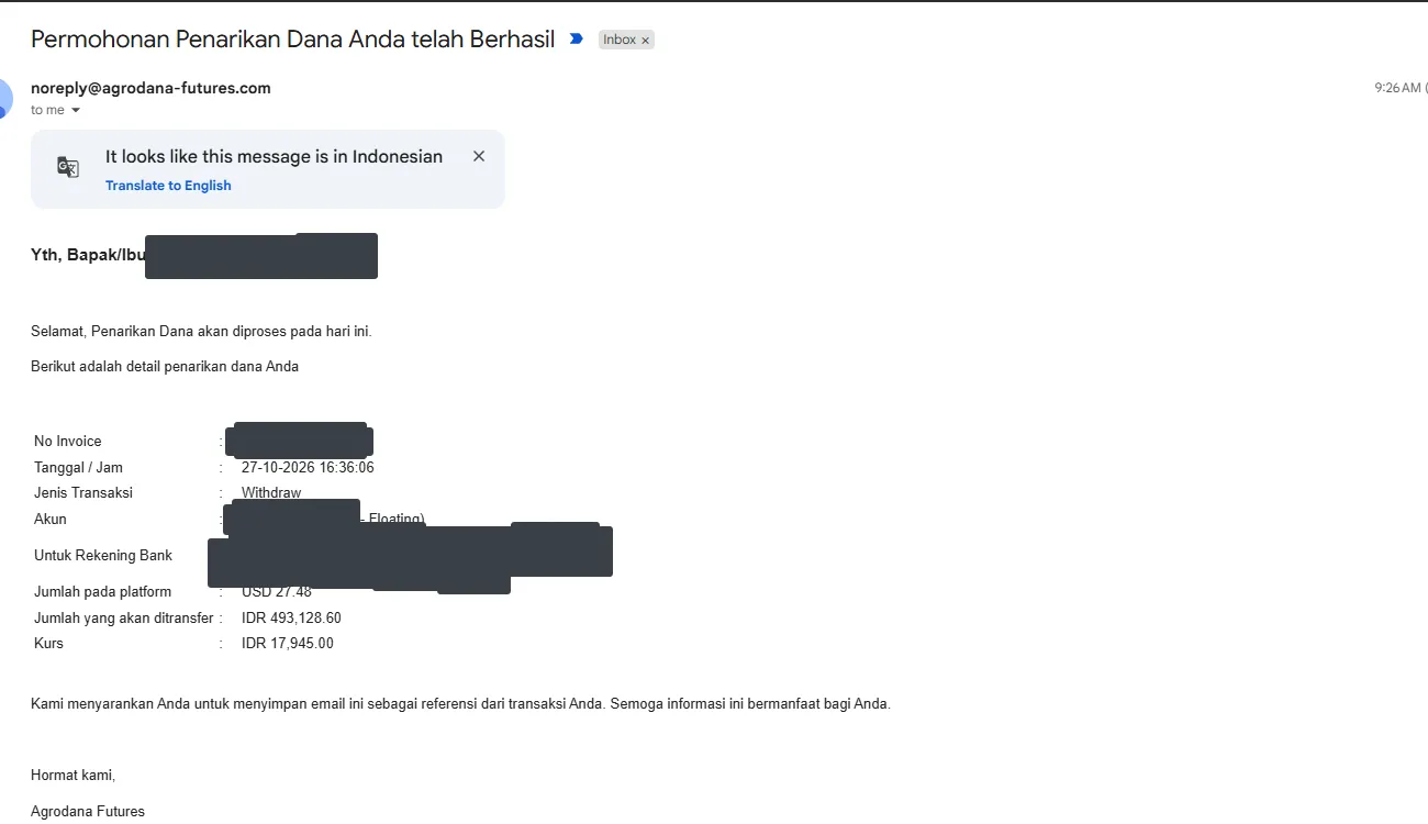 Email penarikan dana berhasil dengan kurs