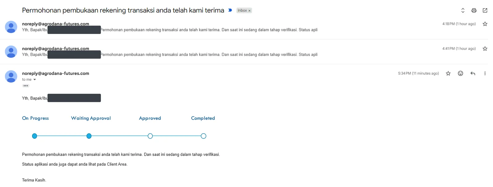 Tiga email penerimaan permohonan pembukaan rekening dari Agrodana