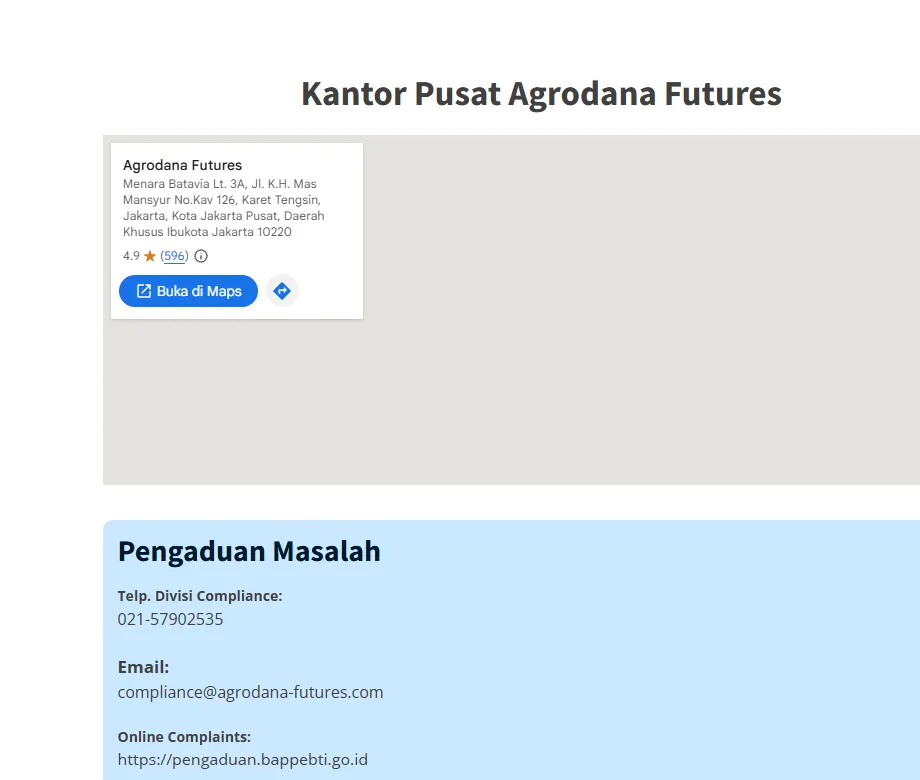 Kantor pusat dan kontak pengaduan Agrodana