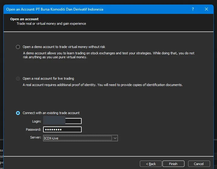 Login akun live MetaTrader 5 ke server ICDX-Live