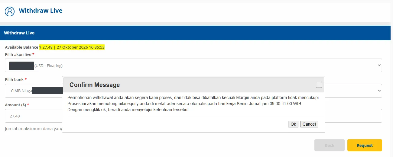 Formulir penarikan dengan pesan konfirmasi jam proses