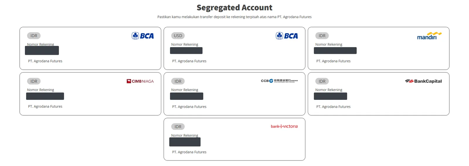 Rekening terpisah Agrodana untuk deposit