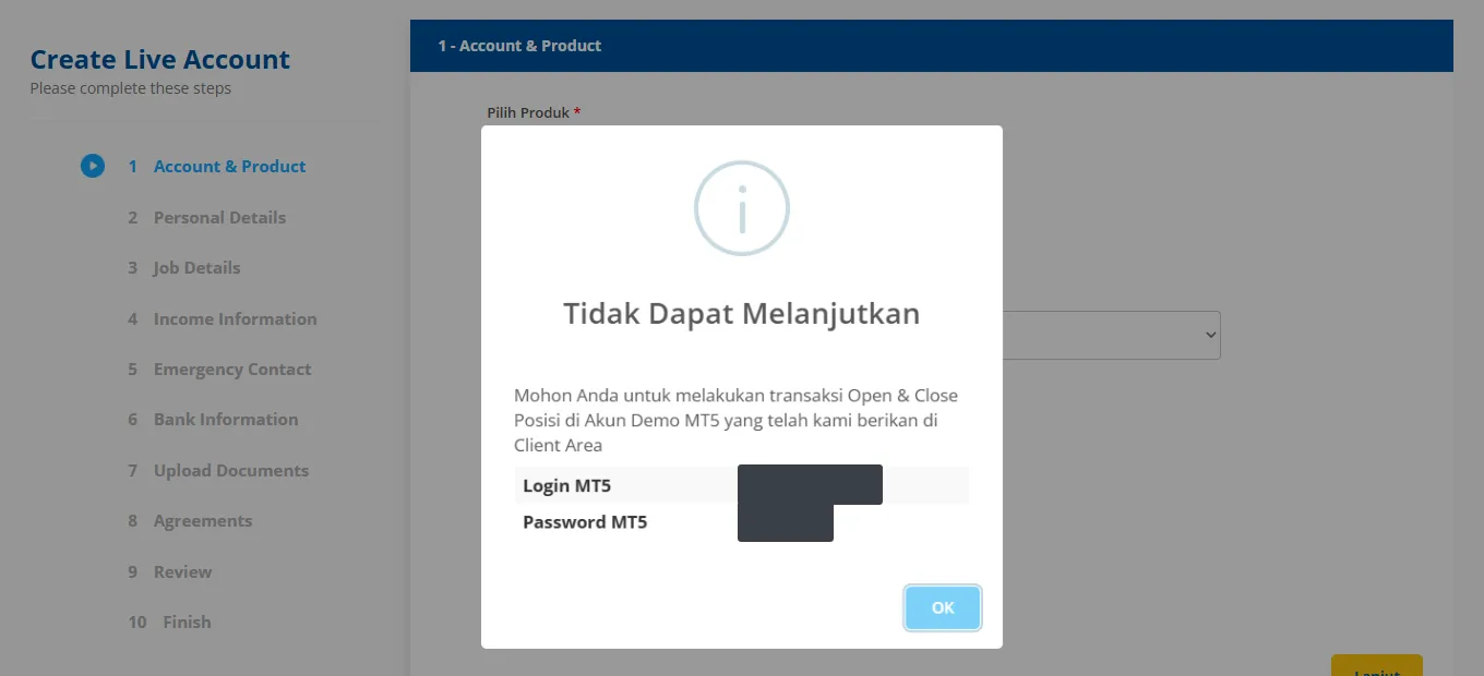 Pesan Tidak Dapat Melanjutkan sebelum transaksi demo