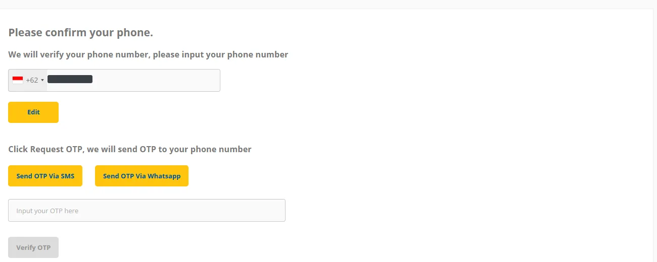 Verifikasi nomor ponsel dengan OTP lewat SMS atau WhatsApp