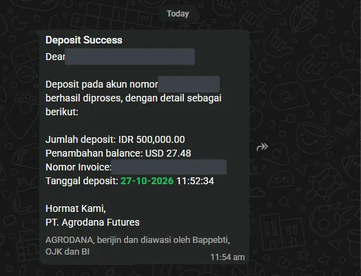 Pesan WhatsApp deposit berhasil dari Agrodana Settlement