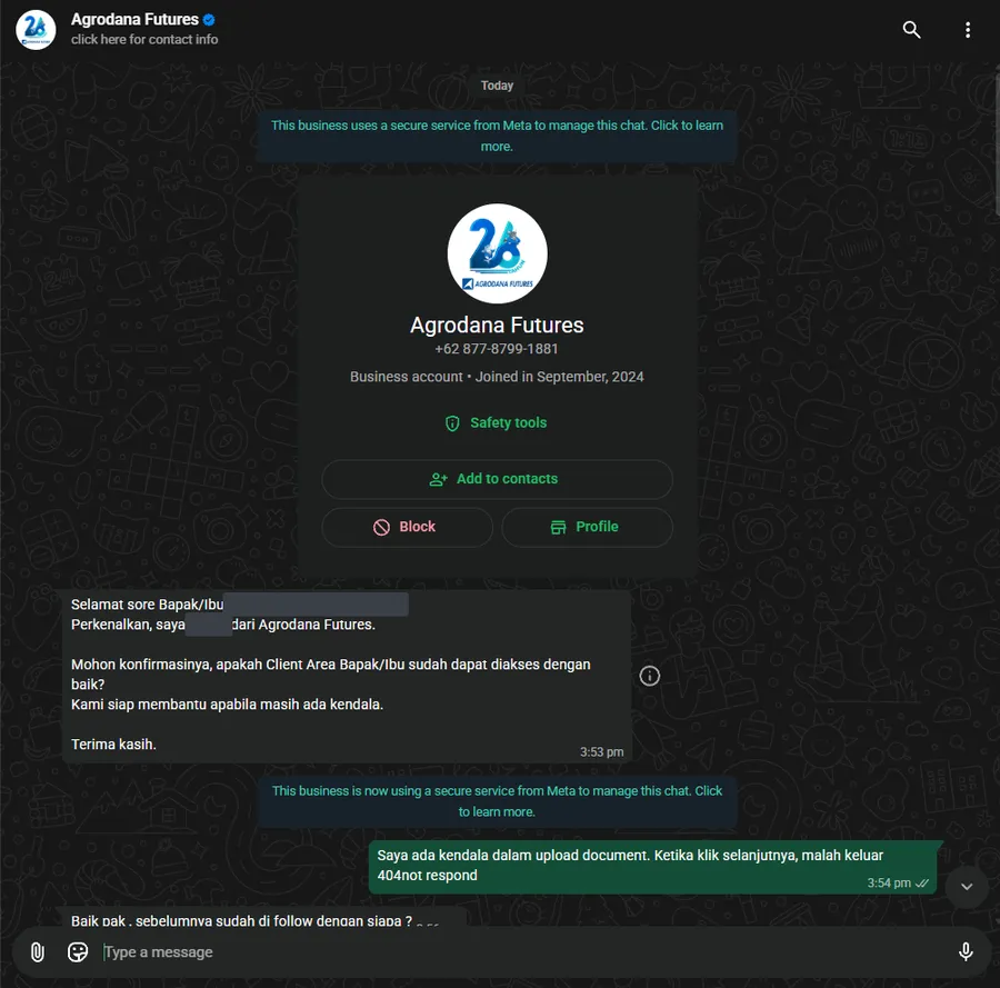 Percakapan WhatsApp dengan Agrodana Futures