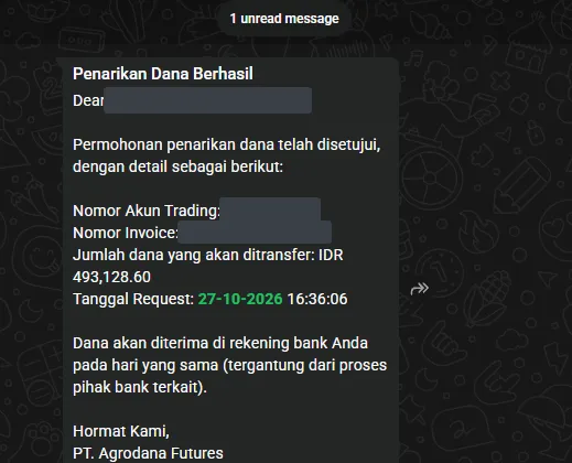 Pesan WhatsApp penarikan dana berhasil