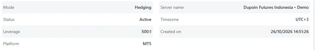 Ringkasan akun demo Dupoin dengan leverage 500:1