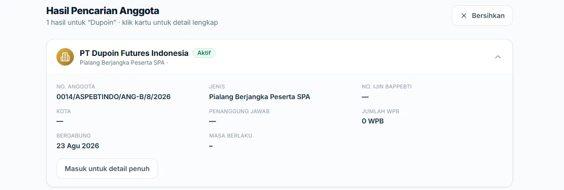 Pencarian anggota ASPEBTINDO: PT Dupoin Futures Indonesia aktif
