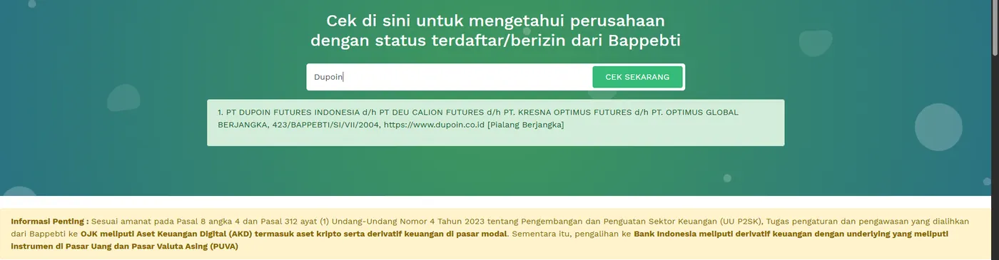 Hasil Cek Legalitas Bappebti untuk Dupoin