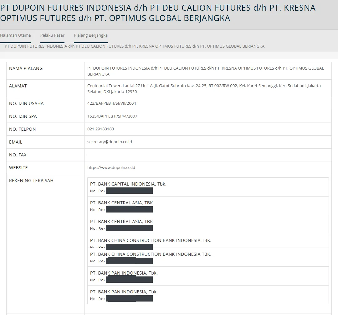 Entri register Bappebti PT Dupoin Futures Indonesia dengan rekening terpisah