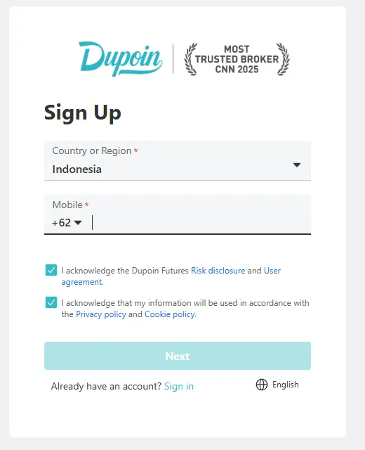 Formulir pendaftaran Dupoin: negara dan nomor ponsel