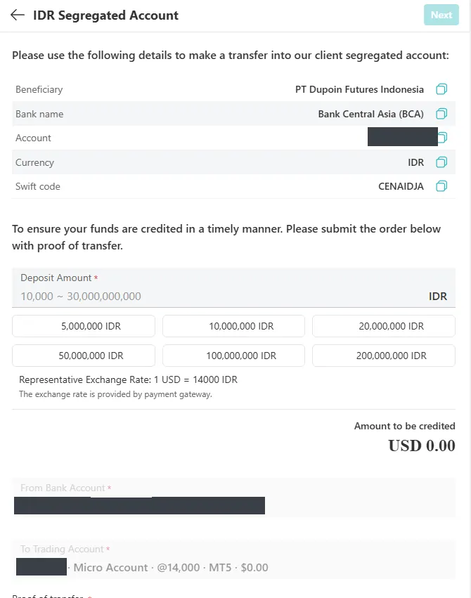 Formulir deposit IDR Dupoin dengan kurs 14.000