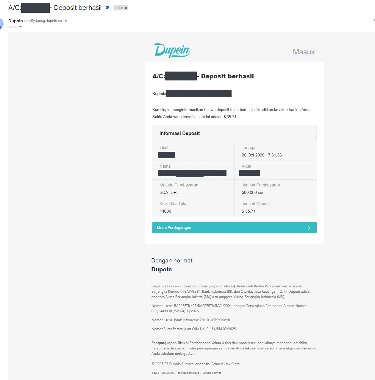 Email deposit berhasil: Rp500.000 dikreditkan sebagai $35,71