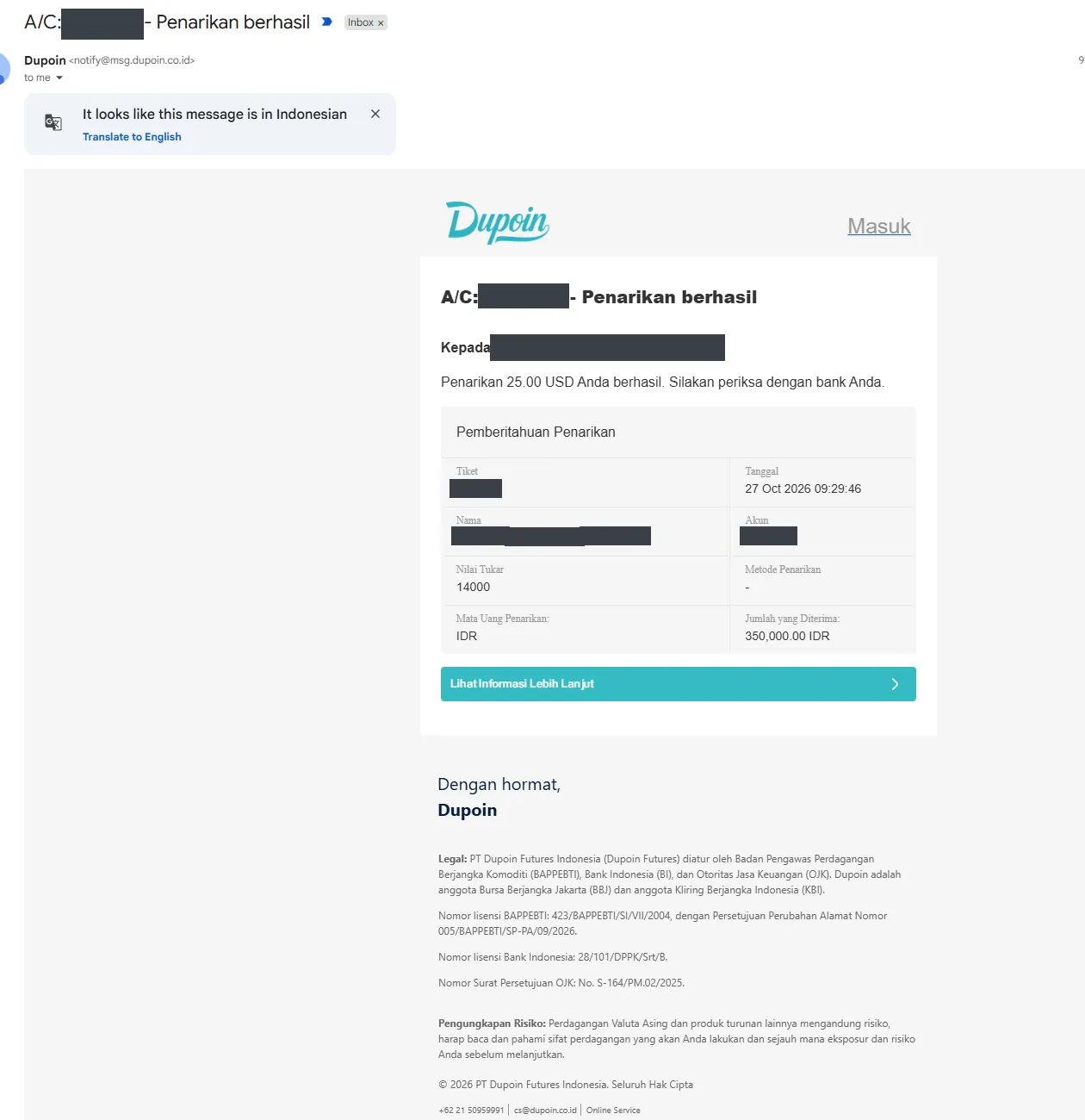 Email penarikan berhasil: Rp350.000