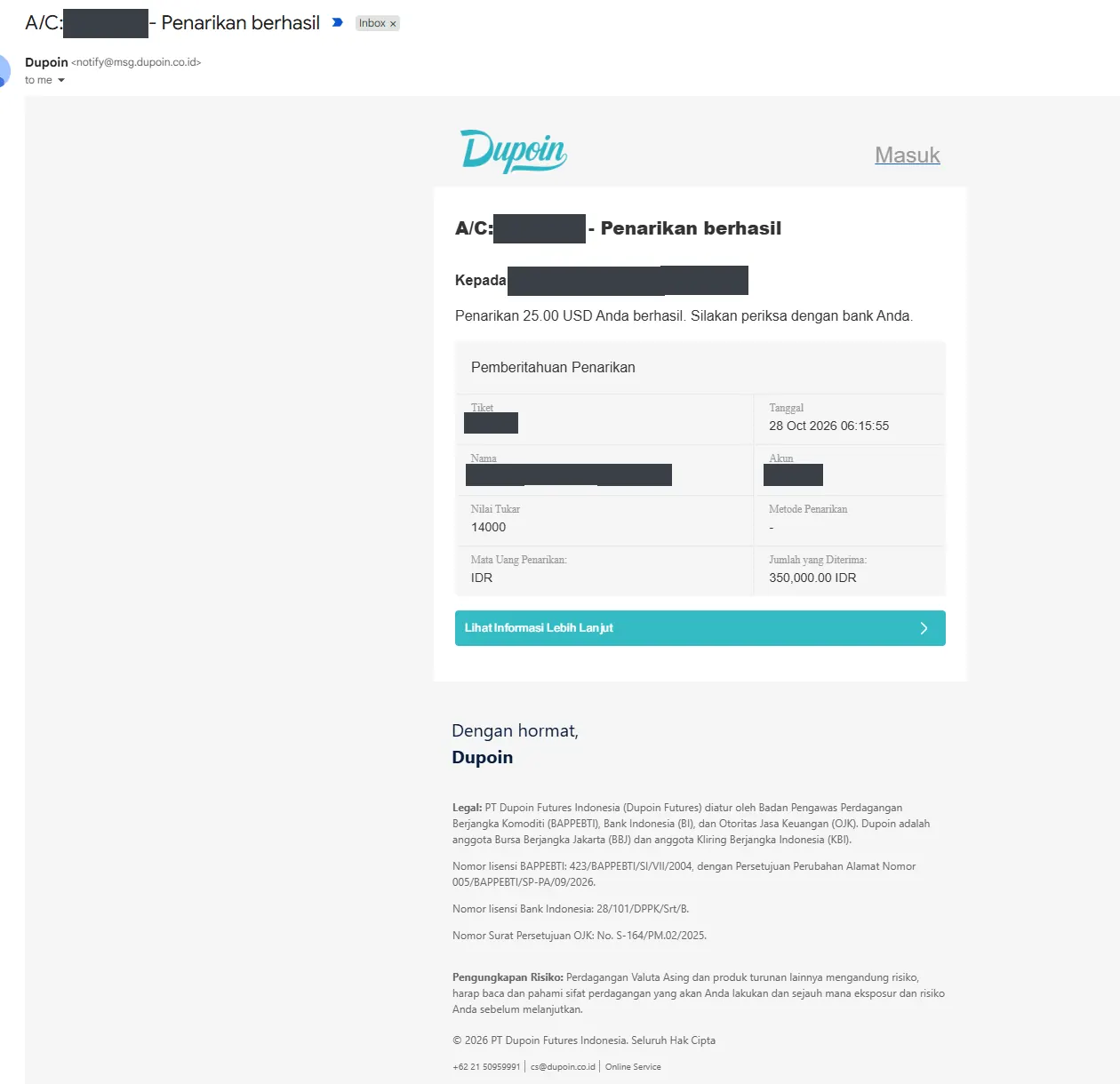 Email penarikan kedua berhasil keesokan harinya