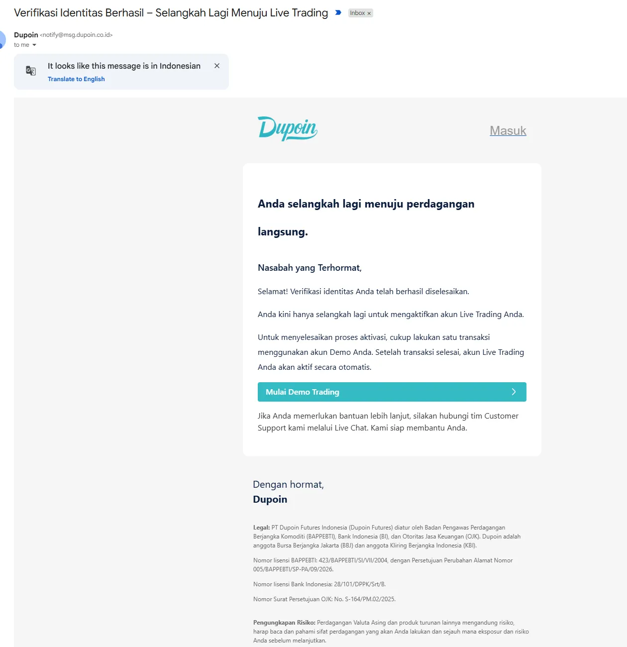 Email Dupoin: verifikasi identitas berhasil, lakukan satu transaksi demo