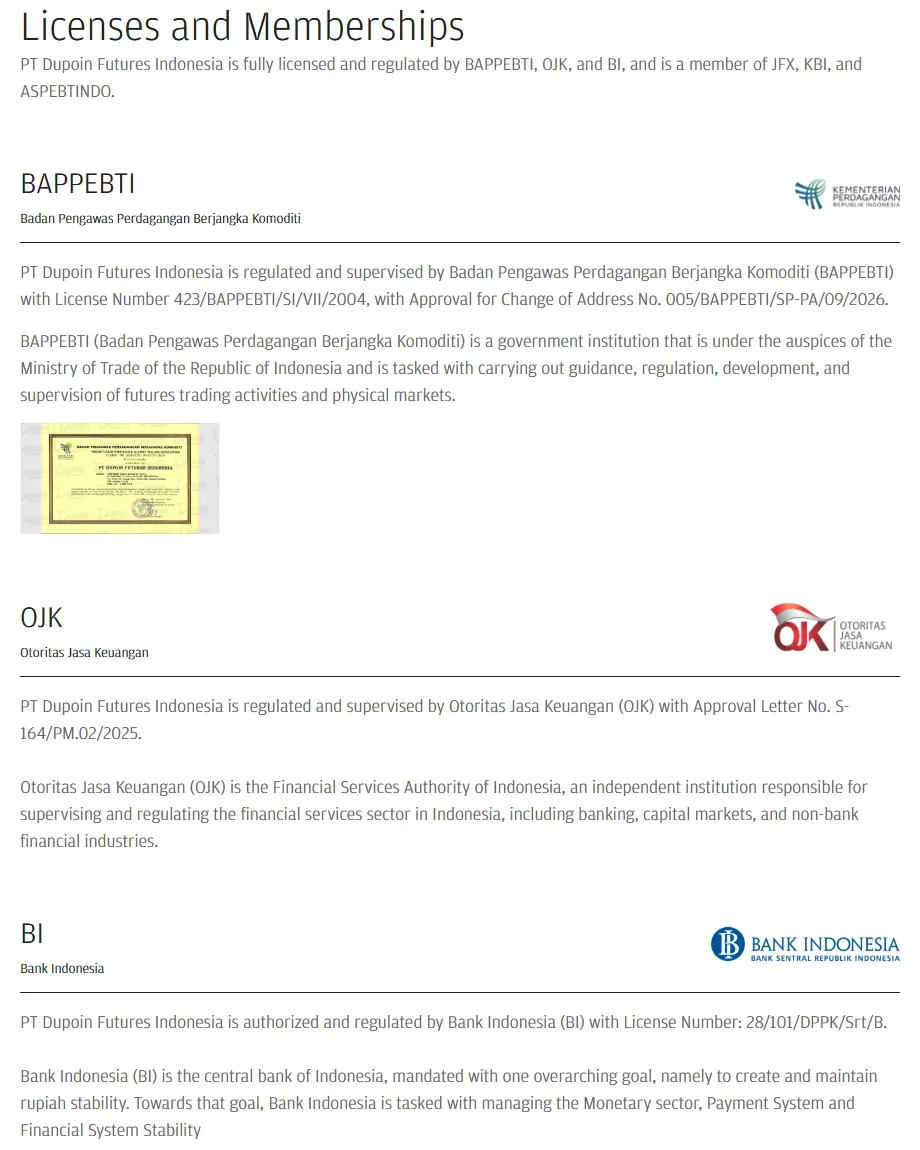 Halaman lisensi Dupoin: Bappebti, OJK, Bank Indonesia, BBJ/JFX