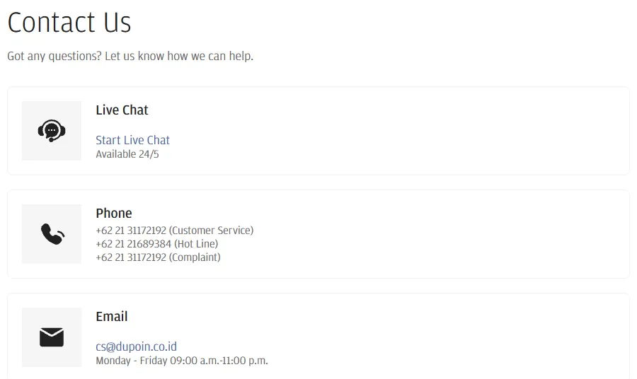 Halaman Contact Us Dupoin: live chat, telepon, dan email