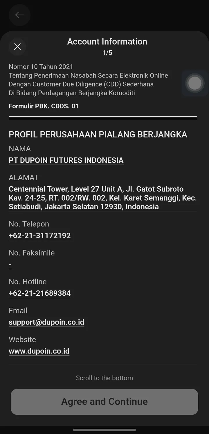 Formulir CDD PBK.CDDS.01: profil PT Dupoin Futures Indonesia