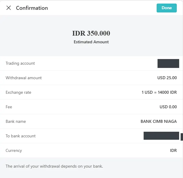 Konfirmasi penarikan Dupoin: USD 25, biaya USD 0,00