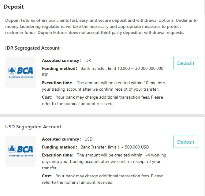 Pilihan deposit di portal Dupoin: rekening terpisah IDR dan USD di BCA