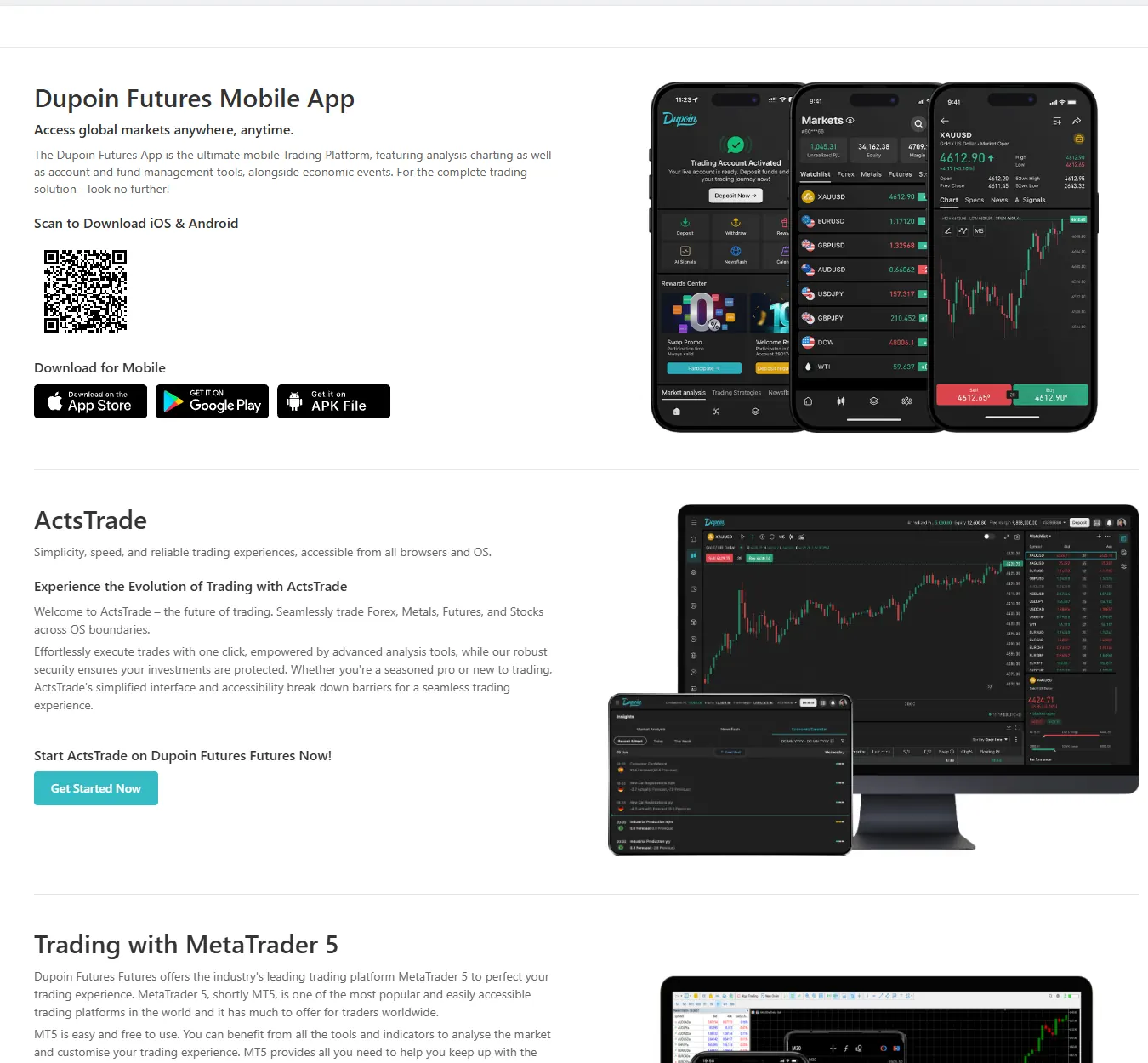 Halaman platform di portal Dupoin: aplikasi, ActsTrade, MetaTrader 5