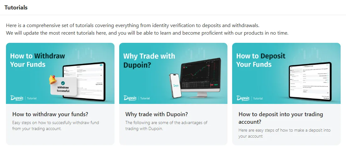 Halaman Tutorials di portal klien Dupoin dengan tiga panduan