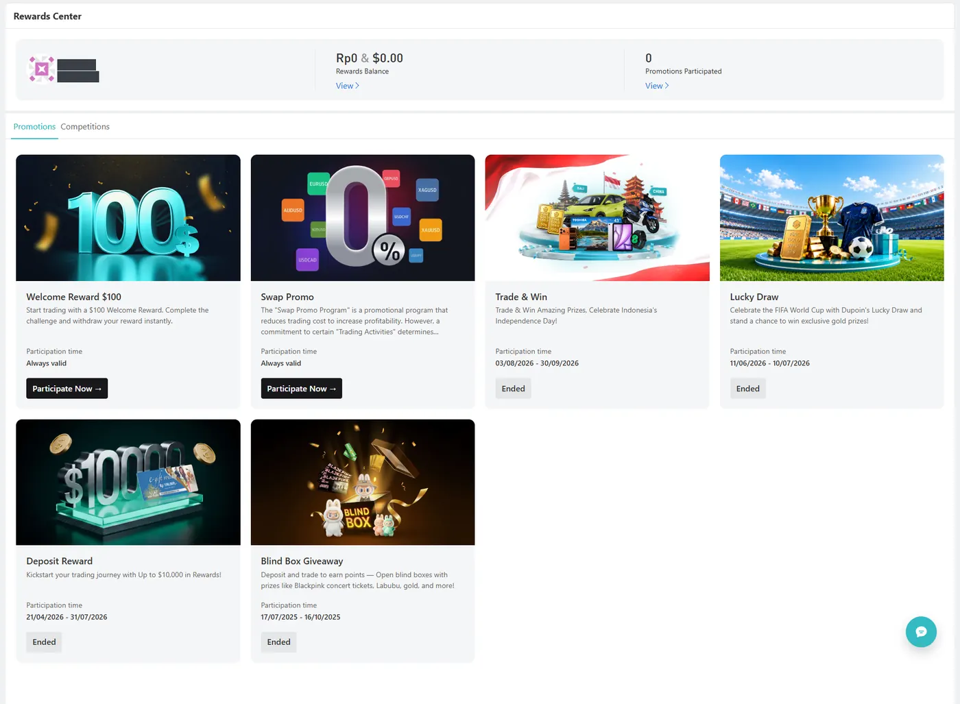 Rewards Center di portal Dupoin dengan promosi aktif dan berakhir
