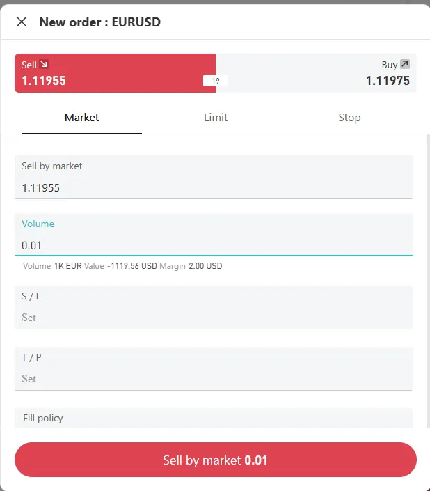 Tiket order EURUSD 0,01 lot di Dupoin dengan margin 2,00 USD