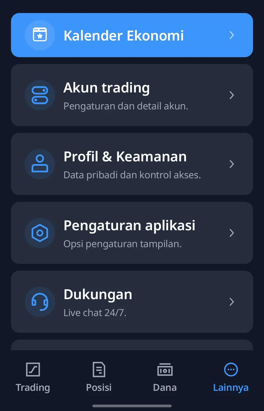 Menu Lainnya di aplikasi Finex Trading dengan Dukungan live chat 24/7