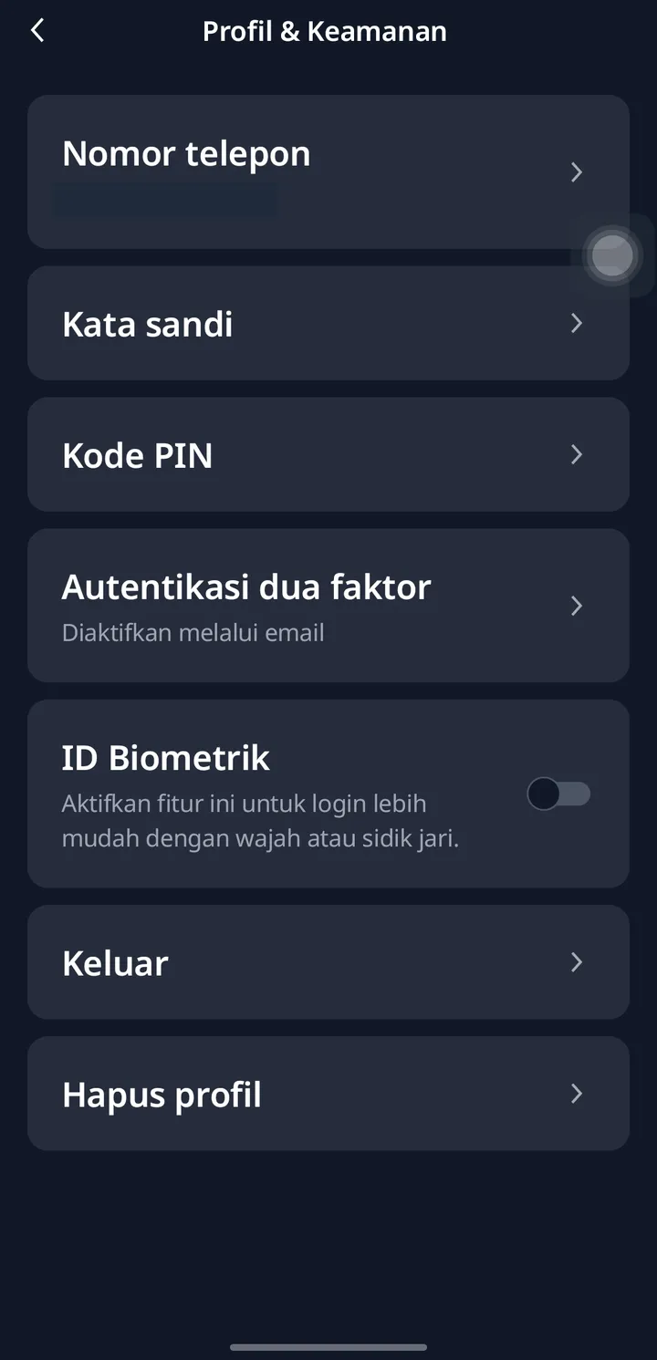 Pengaturan profil dan keamanan di aplikasi Finex, nomor telepon disensor