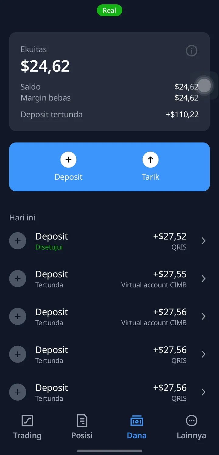 Riwayat dana di aplikasi Finex: satu deposit disetujui, empat tertunda