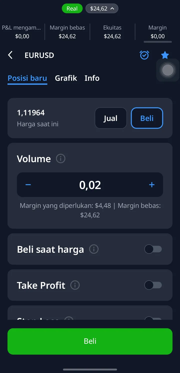 Tiket order EUR/USD 0,02 lot di aplikasi Finex