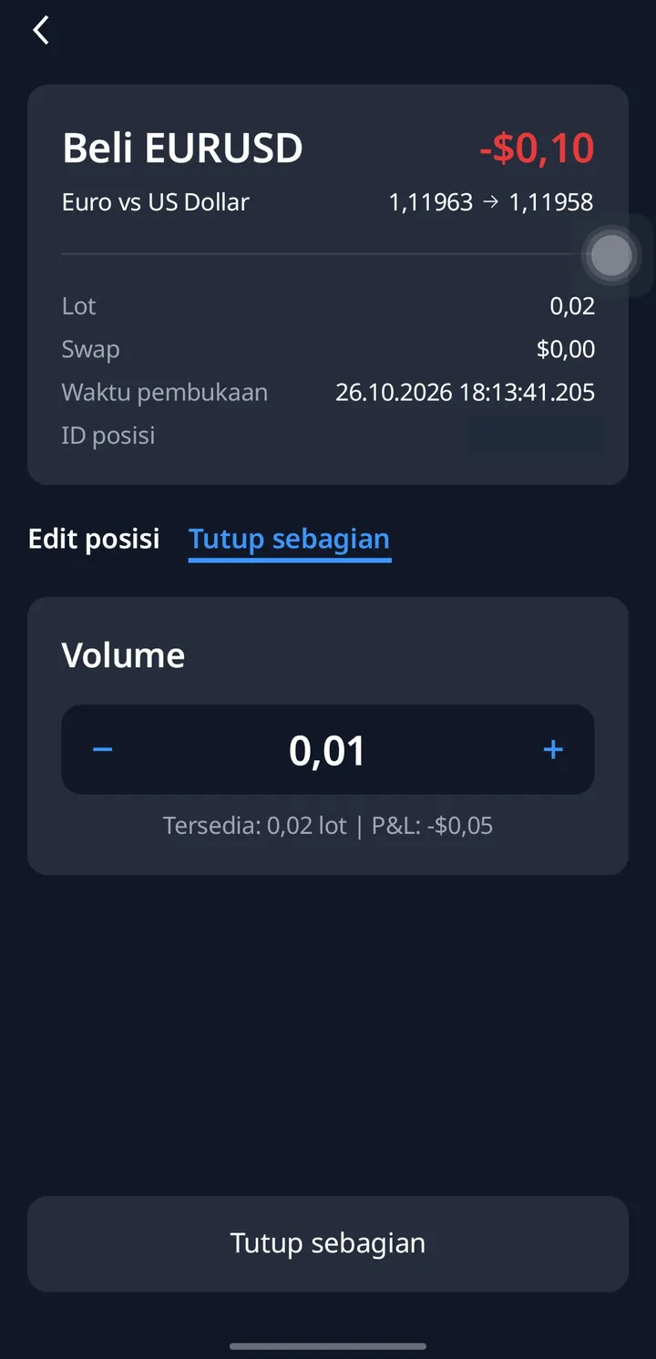 Layar tutup sebagian posisi di aplikasi Finex