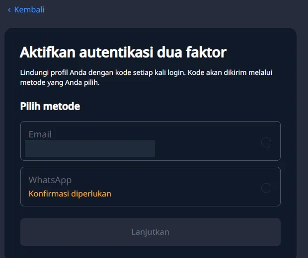 Pilihan metode autentikasi dua faktor Finex, email disensor