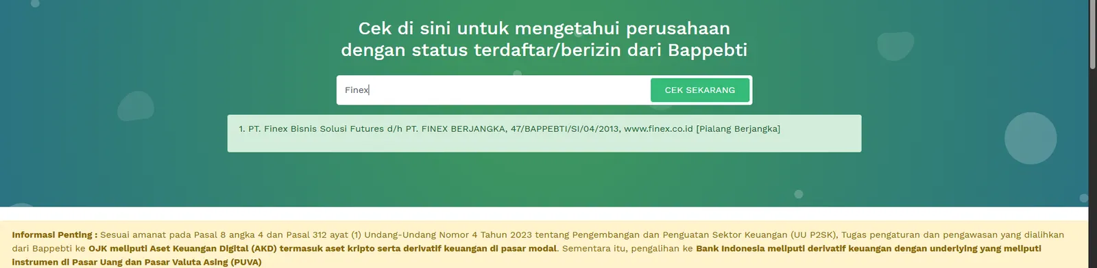 Hasil Cek Legalitas Bappebti untuk Finex