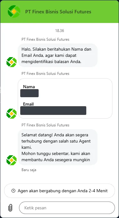 Live chat di situs Finex dengan antrean agen 2-4 menit, nama dan email disensor