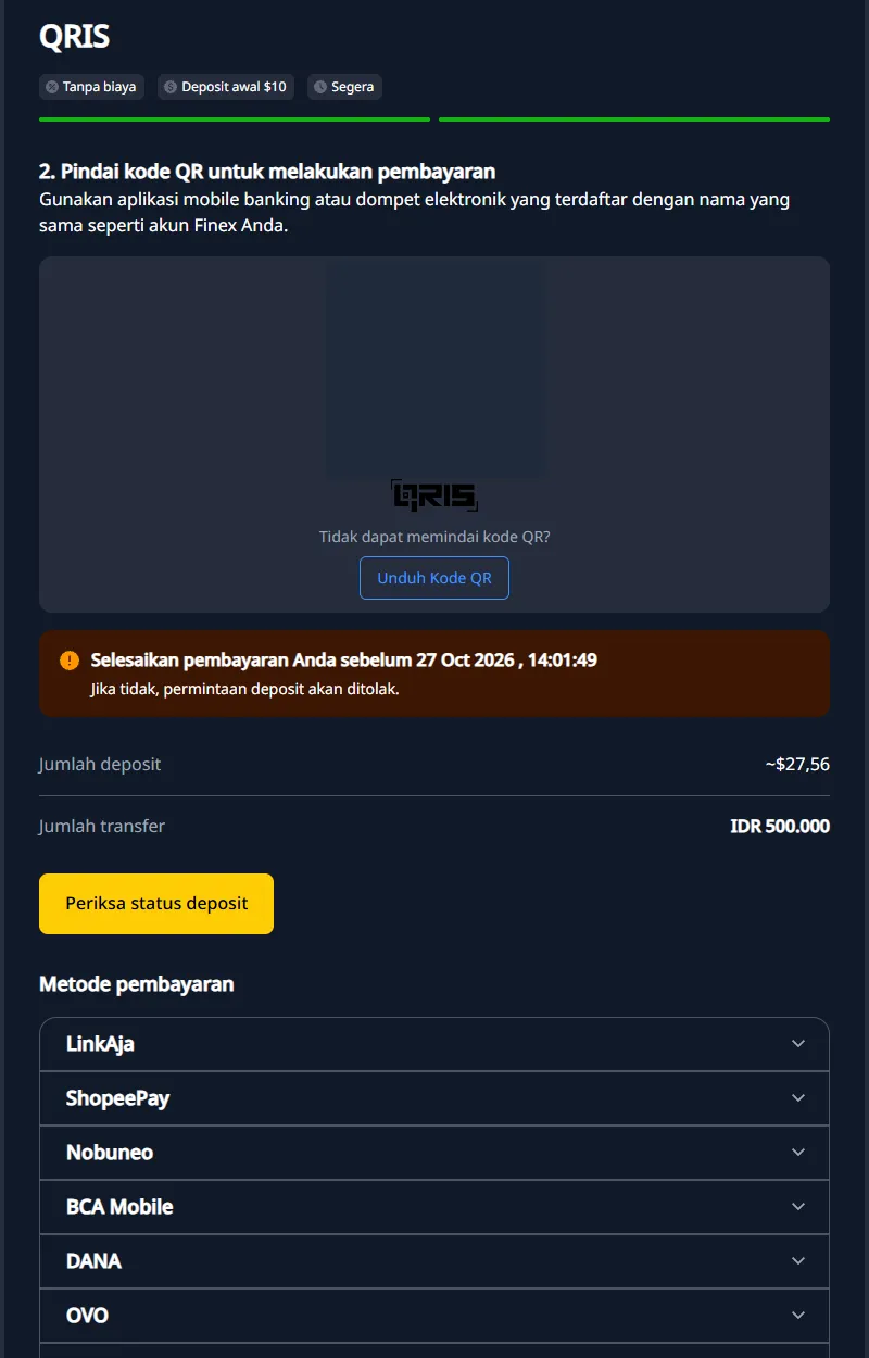 Layar deposit QRIS Rp500.000 di Finex, kode QR disensor