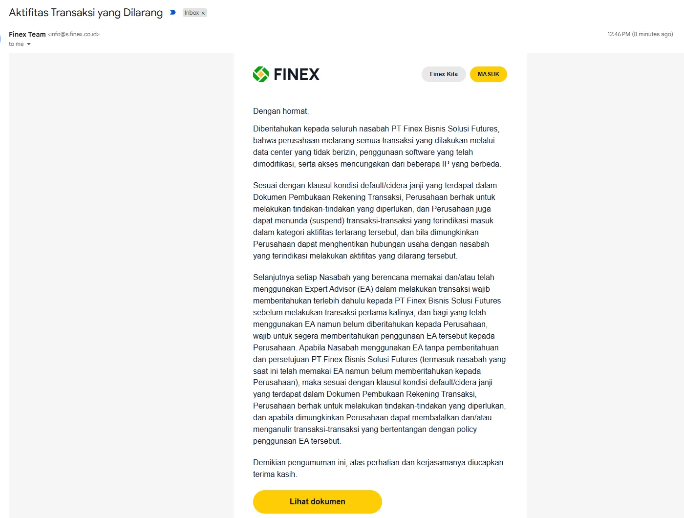 Email Finex tentang aktivitas transaksi yang dilarang dan aturan EA